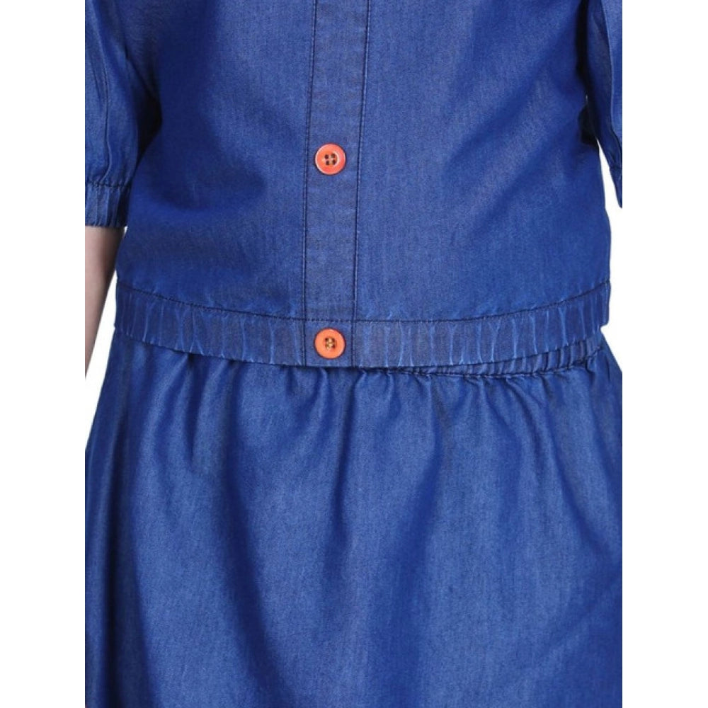 Navy Blue Denim Solid Cold Shoulder Top & Skirt Set - Girl's fashionable square neck, cold shoulder style