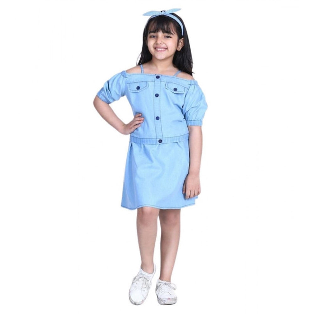 Light blue denim cold shoulder top & skirt set, solid pattern, above knee length for girls fashion