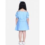 Light blue denim girls' cold shoulder top & skirt set, solid pattern, above-knee length