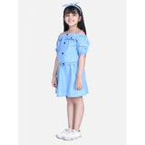 Light blue denim cold shoulder top & skirt set, solid pattern, suitable for girls' fashion