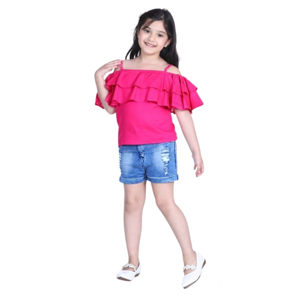 Pink-Blue rayon cold shoulder top with denim shorts - solid style for girls' fashion