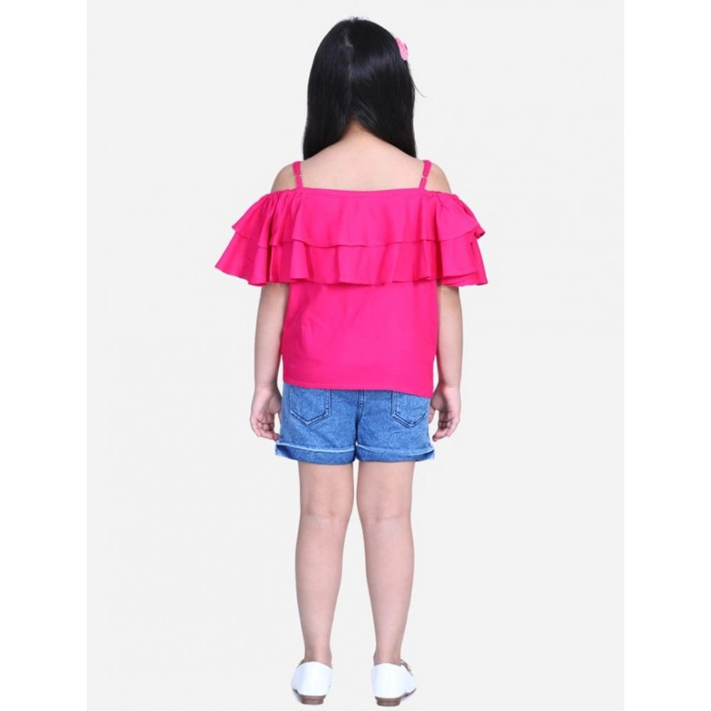 Pink-Blue rayon cold shoulder top with denim shorts, solid design on a fashion mannequin