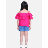 Pink-Blue rayon cold shoulder top with denim shorts, solid design on a fashion mannequin