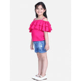 Pink-Blue rayon cold shoulder top with denim shorts, solid design for girls' fashion