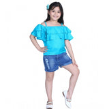 Blue rayon cold shoulder top with denim shorts - solid style for girls fashion