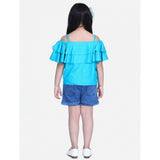 Blue rayon cold shoulder top with denim shorts - solid design for girls' fashion