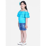 Blue rayon cold shoulder top with denim shorts - girl's solid style on display stand