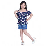 Navy Blue rayon cold shoulder top with denim shorts, solid pattern, suitable for girls' fashion