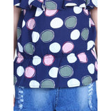 Navy Blue Rayon cold shoulder top with denim shorts, solid pattern on display