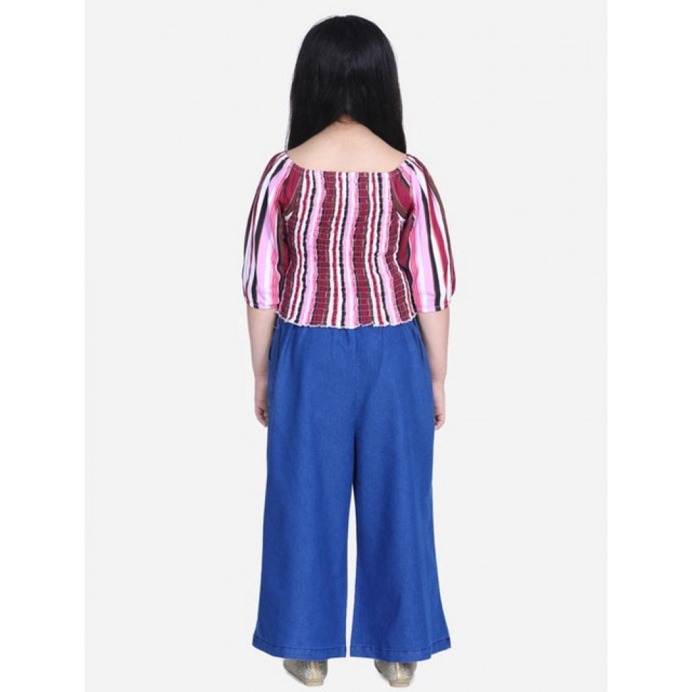 Purple-Blue rayon bell sleeve top with denim culottes for girls - solid design, square neckline on display