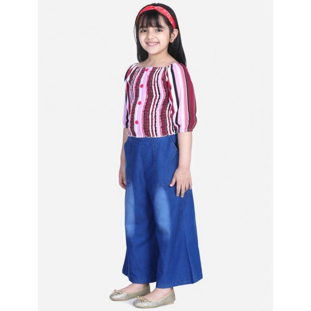 Purple-blue rayon bell sleeve top with denim culottes - solid design, square neck, suitable for girls' fashion