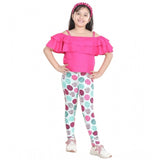 Pink cotton floral elasticated jegging and top for girls with square neck, floral pattern