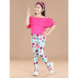 Pink cotton floral elasticated jegging and top set with square neck, floral pattern on display