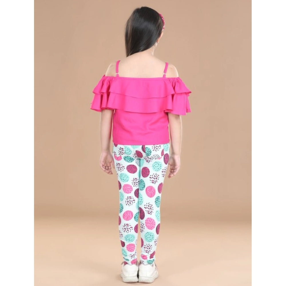 Pink cotton floral elasticated jegging and top for girls with square neck, floral pattern