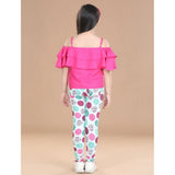 Pink cotton floral elasticated jegging and top for girls with square neck, floral pattern