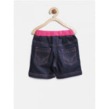 Pink-Blue denim ribbed elasticated girls' shorts, comfortable casual wear for active play
