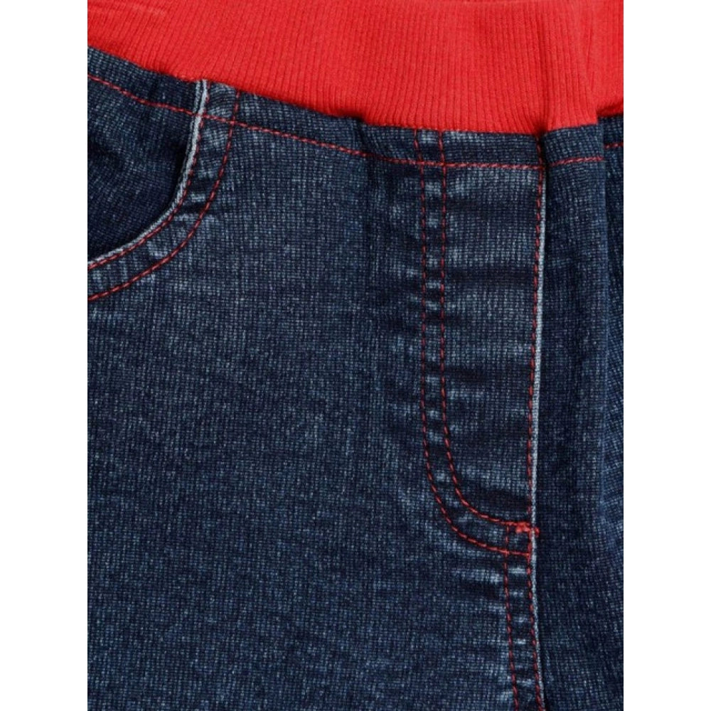 Blue-Red denim lace inserts sleeveless shorts for girls with elasticated waist, denim pattern accents