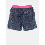 Blue-Pink denim shorts with lace inserts for girls, elastic waist, casual fashion wear on mannequin