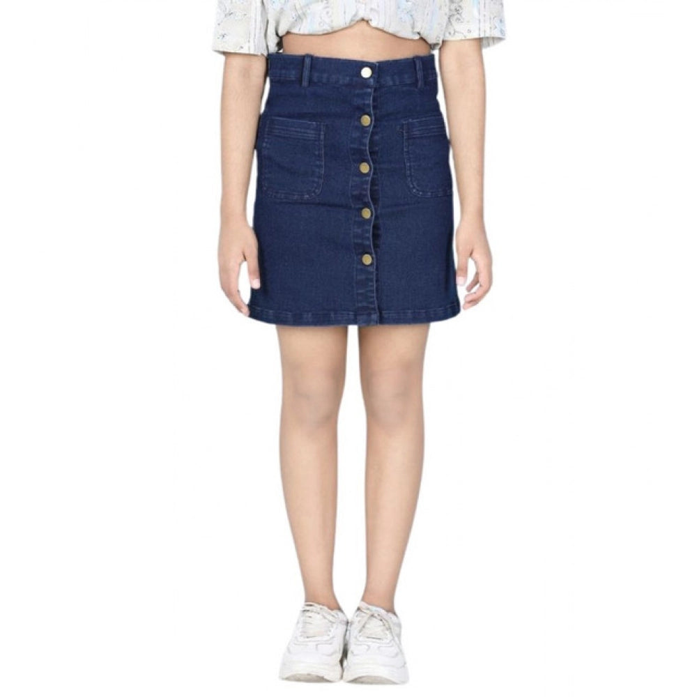 Navy blue denim skirt, solid buttoned style for girls' fashion