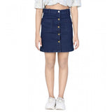 Navy blue denim skirt, solid buttoned style for girls' fashion