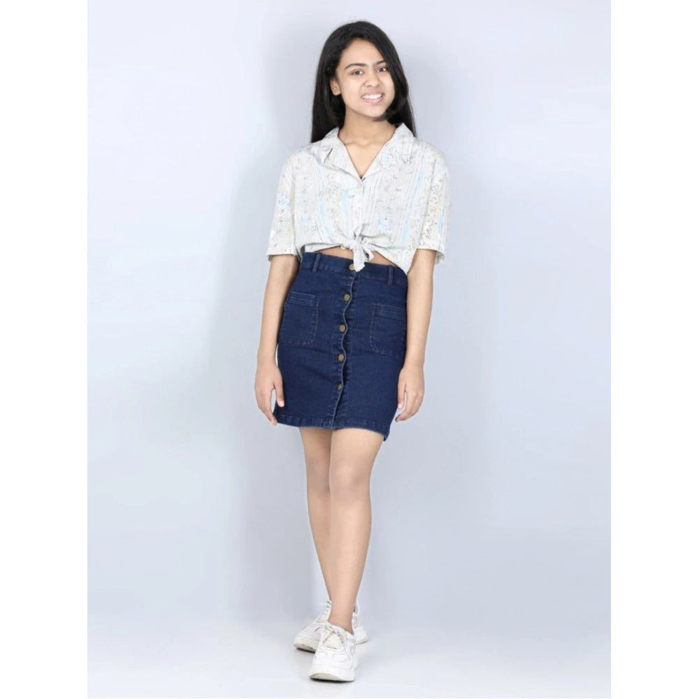Navy blue denim girl's solid buttoned skirt, durable waist closure