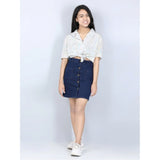 Navy blue denim girl's solid buttoned skirt, durable waist closure