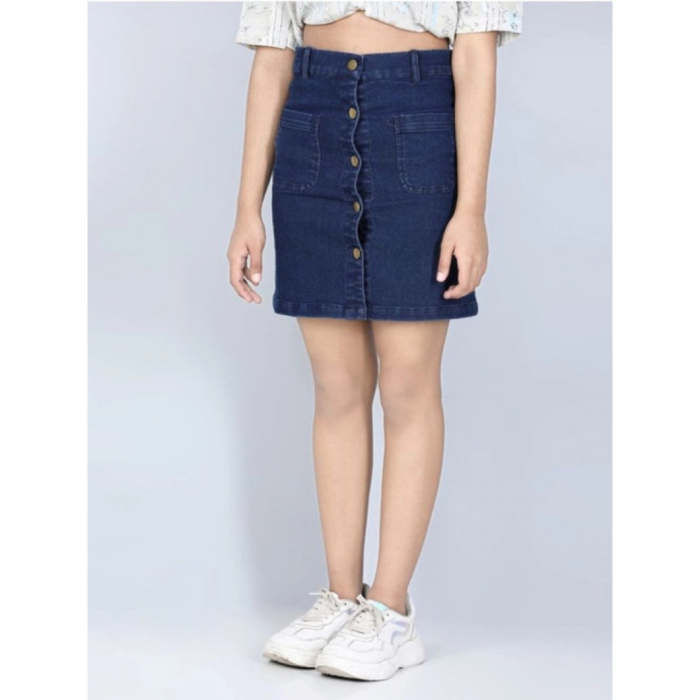 Navy blue denim solid buttoned girl's skirt, durable and stylish for playtime