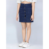 Navy blue denim solid buttoned girl's skirt, durable and stylish for playtime