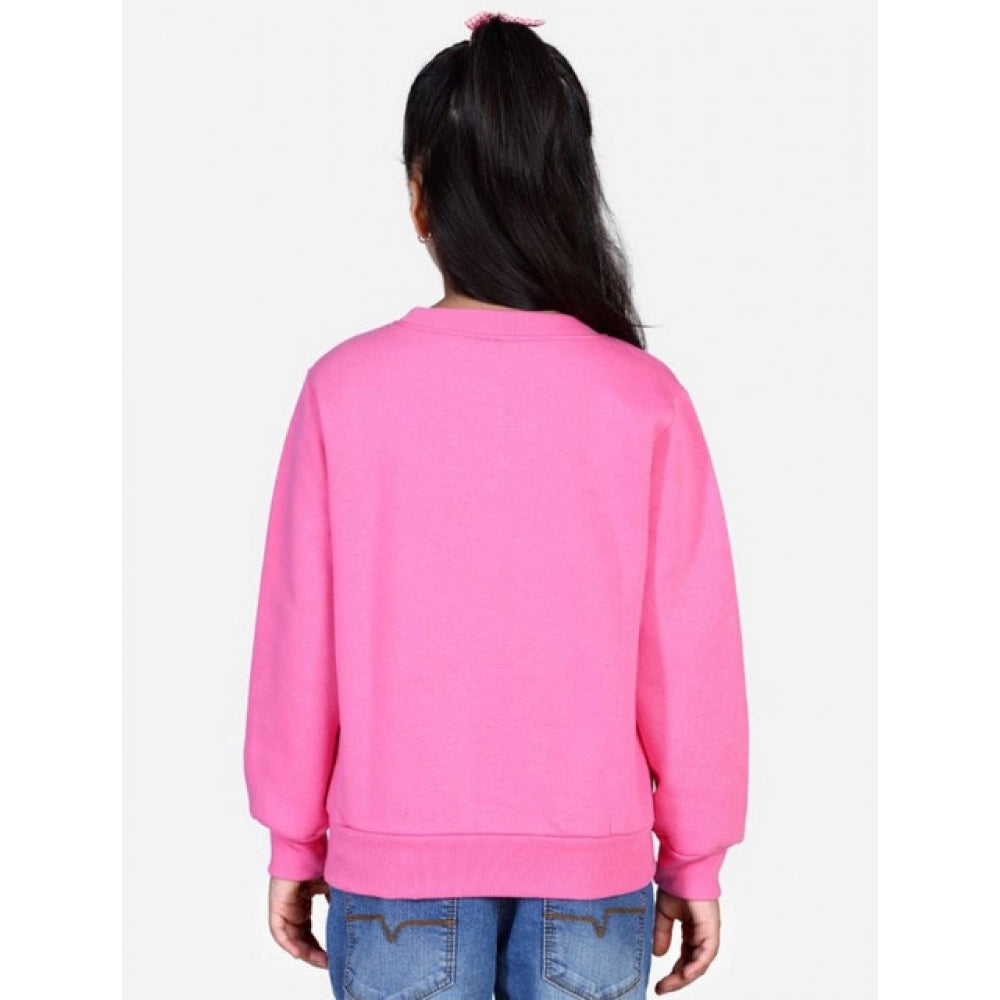 Pink embellished fleece girl's long-sleeve sweatshirt with round neck, cozy winter wear for active kids