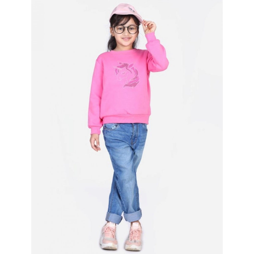 Pink fleece embellished long-sleeve sweatshirt for girls, cozy and stylish apparel