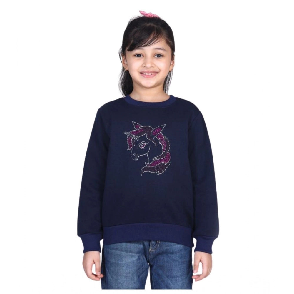 Navy blue fleece embellished long sleeves sweatshirt for girls, round neck with intricate detailing