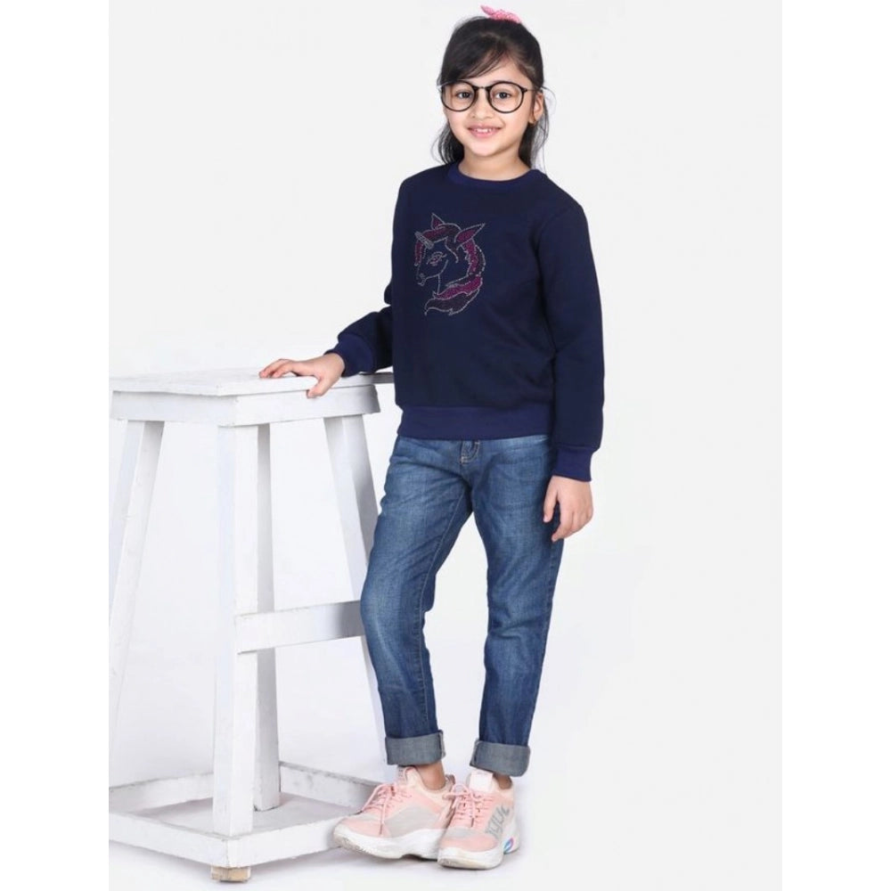 Navy blue fleece embellished long sleeves sweatshirt for girls, close-up view