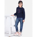 Navy blue fleece embellished long sleeves sweatshirt for girls, close-up view