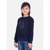 navy blue embellished fleece girl's long-sleeve sweatshirt, detailed view with round neck and embellishments