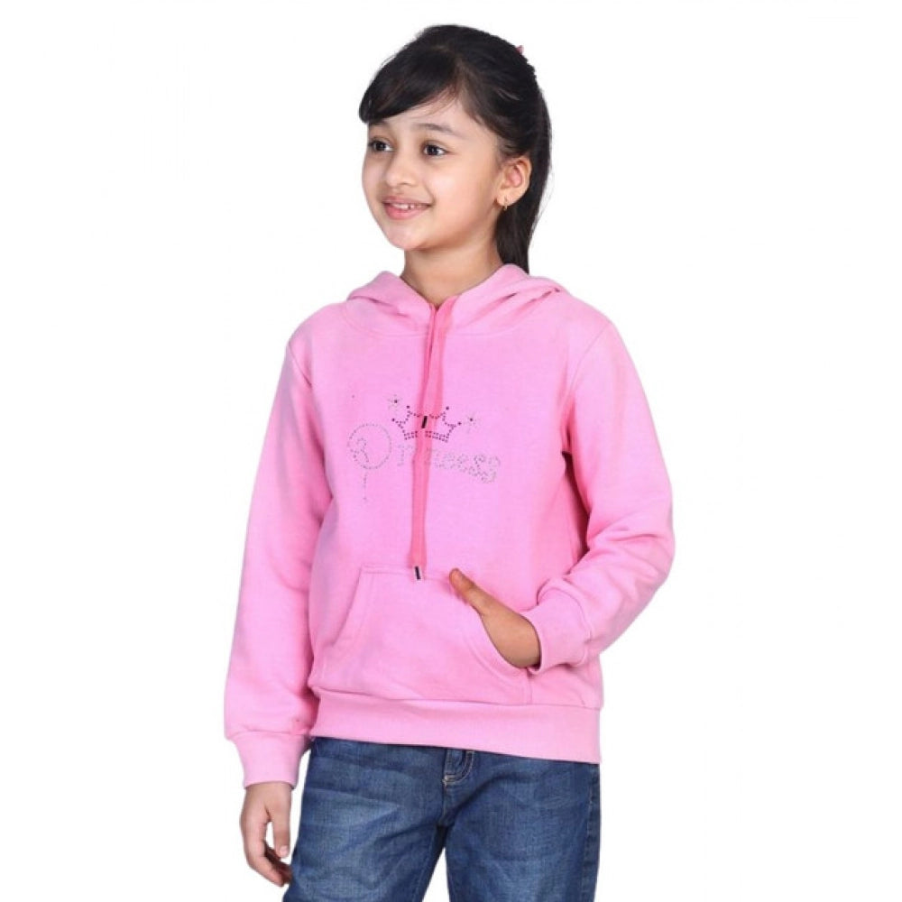 Light pink fleece embellished long sleeves sweatshirt with hooded neck for girls, cozy winter wear for children