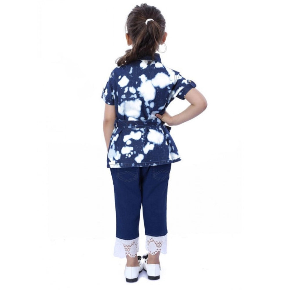 Blue-White denim tie & dye short sleeve top for girls with shirt collar, casual denim fashion