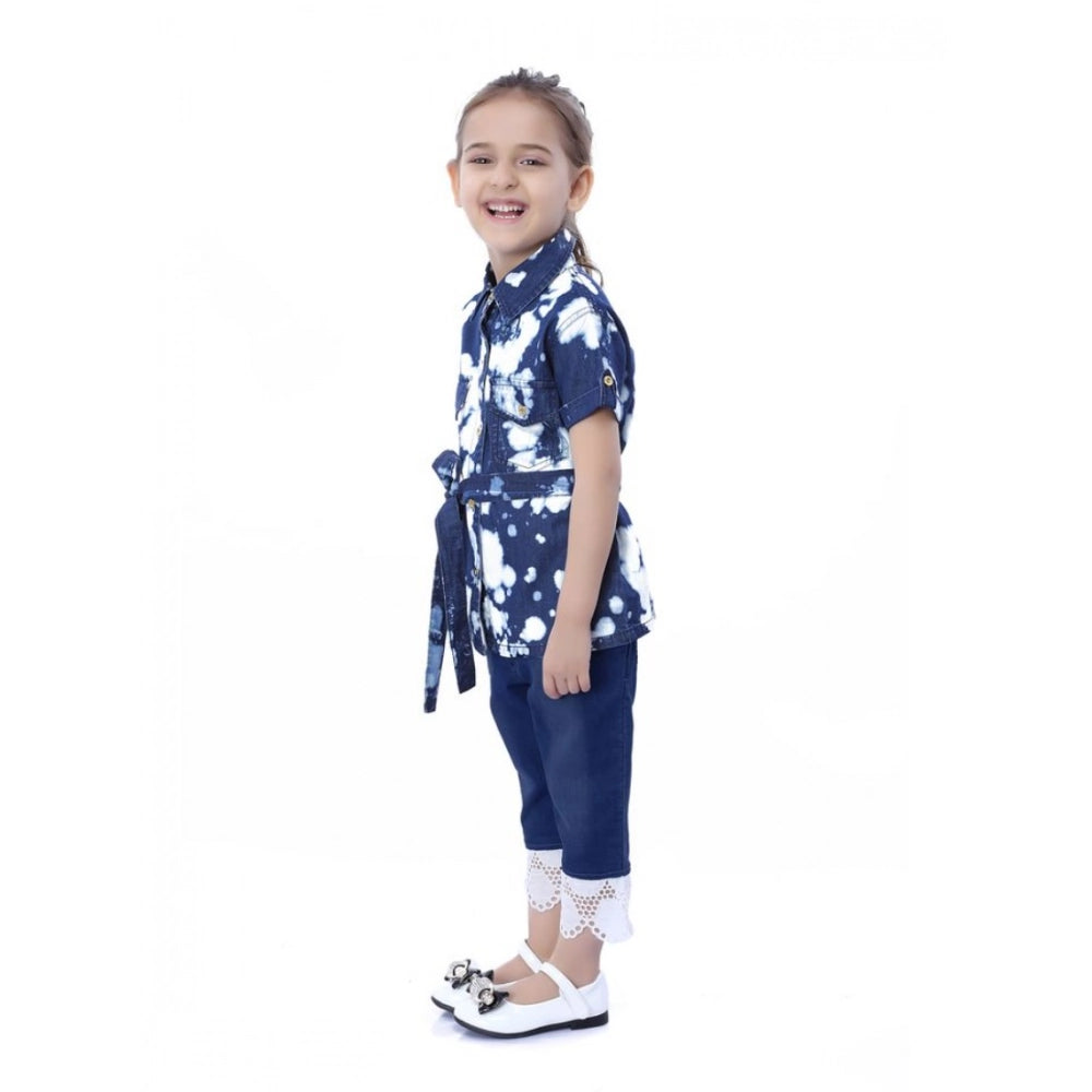 Blue-White Denim Tie & Dye short sleeve top for girls with shirt collar, denim material