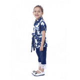 Blue-White Denim Tie & Dye short sleeve top for girls with shirt collar, denim material