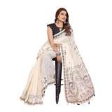 Off-white linen cotton printed saree with unstitched blouse, vibrant pattern detail on 5.5Mtr length