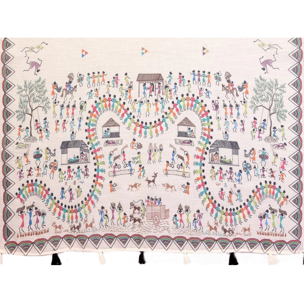 Off-white linen cotton printed saree with unstitched blouse, vibrant floral patterns for traditional Indian wear