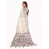 Off-white linen cotton printed saree with unstitched blouse, vibrant floral pattern on display