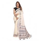 Off-white linen cotton printed saree with unstitched blouse, vibrant floral patterns on a natural background