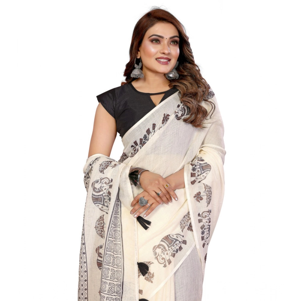 Off-white linen cotton printed saree with unstitched blouse, intricate design details visible on display stand
