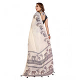 Off-white linen cotton printed saree with unstitched blouse, 5.5mtr, elegant Indian women's wear
