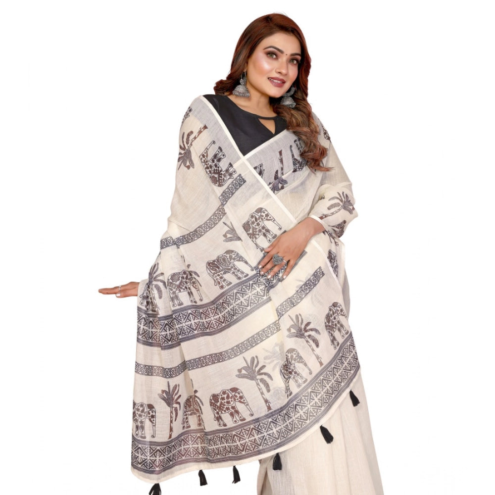 Off-white linen cotton printed saree with unstitched blouse, vibrant Indian wear for women