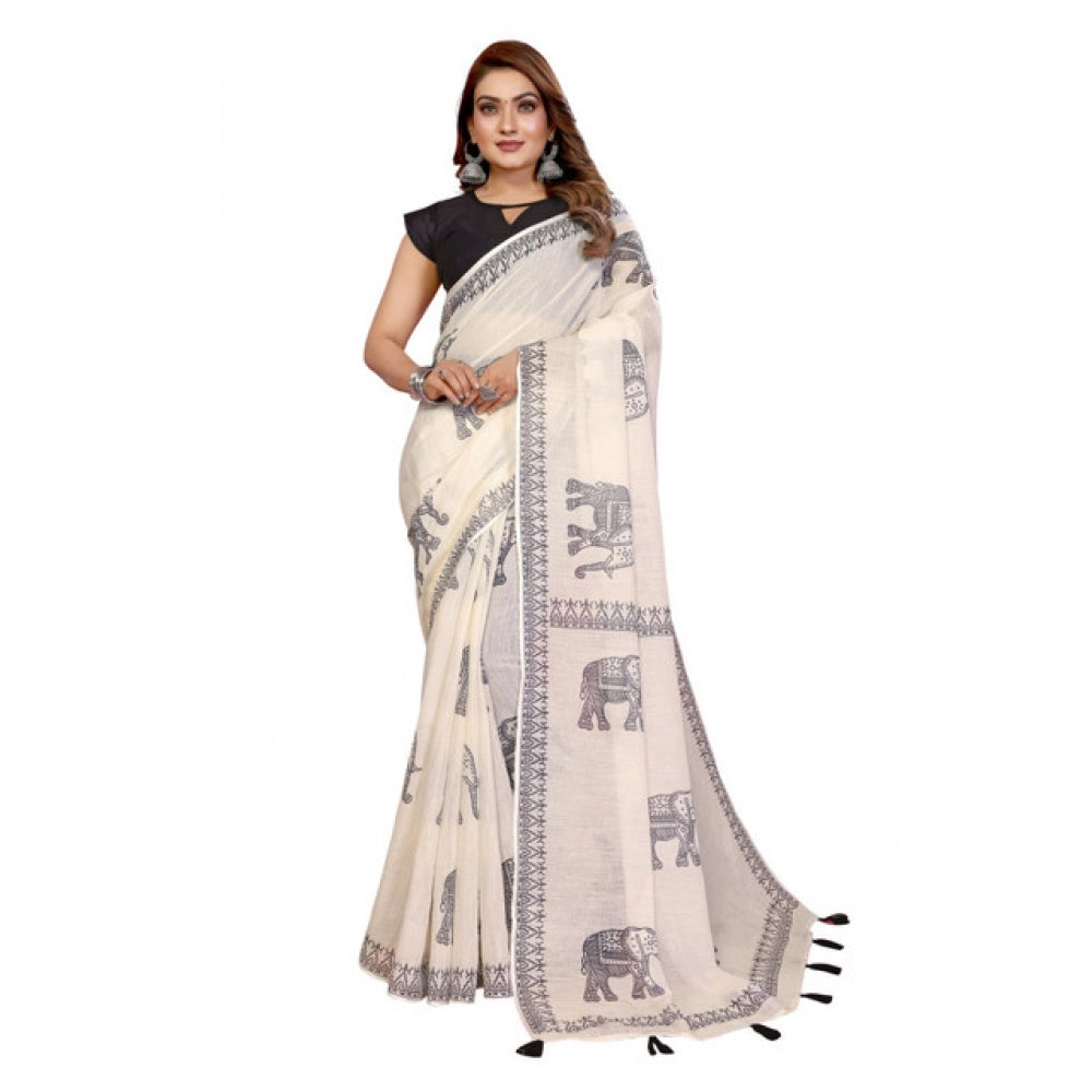 Off-white linen cotton printed saree with unstitched blouse, vibrant floral pattern on a 5.5m length