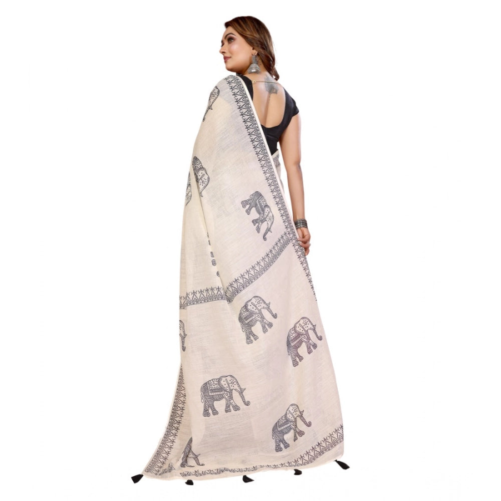 Off-white linen cotton printed saree with unstitched blouse, vibrant floral pattern for traditional Indian wear