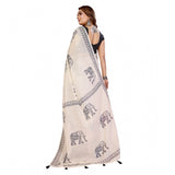 Off-white linen cotton printed saree with unstitched blouse, vibrant floral pattern for traditional Indian wear