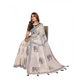 Off-white linen cotton printed saree with unstitched blouse, vibrant floral pattern for Indian women's traditional wear