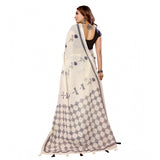 Off-white linen cotton printed saree with unstitched blouse, vibrant design for women's traditional wear